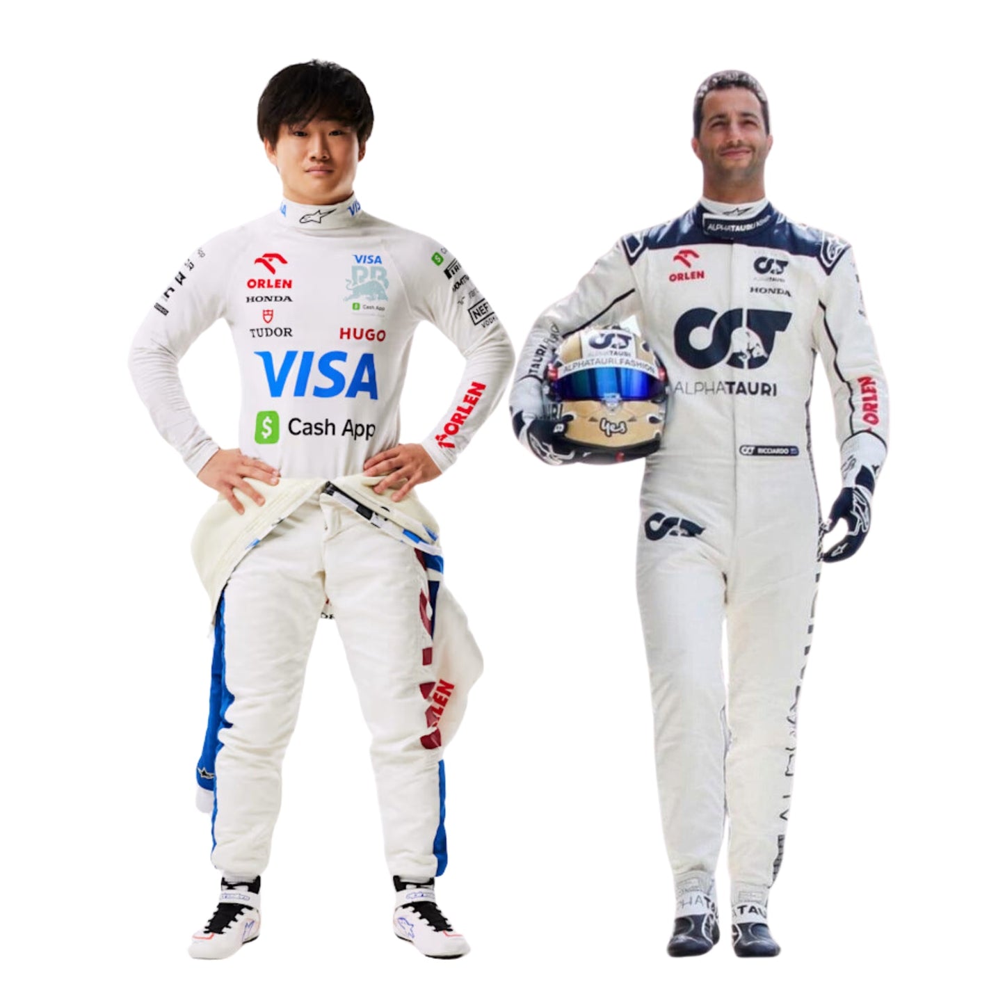 Daniel Ricciardo and Yuki Tsunoda posing together in AlphaTauri F1 Racing Suits.