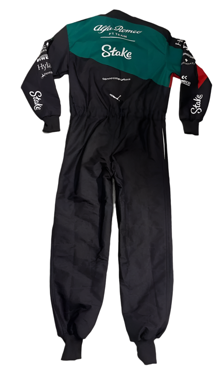 Rear view of Zhou’s 2023 Italian Grand Prix racing suit displaying the continuation of the black, red, and gold color scheme with prominently placed sponsor logos and aerodynamic paneling.