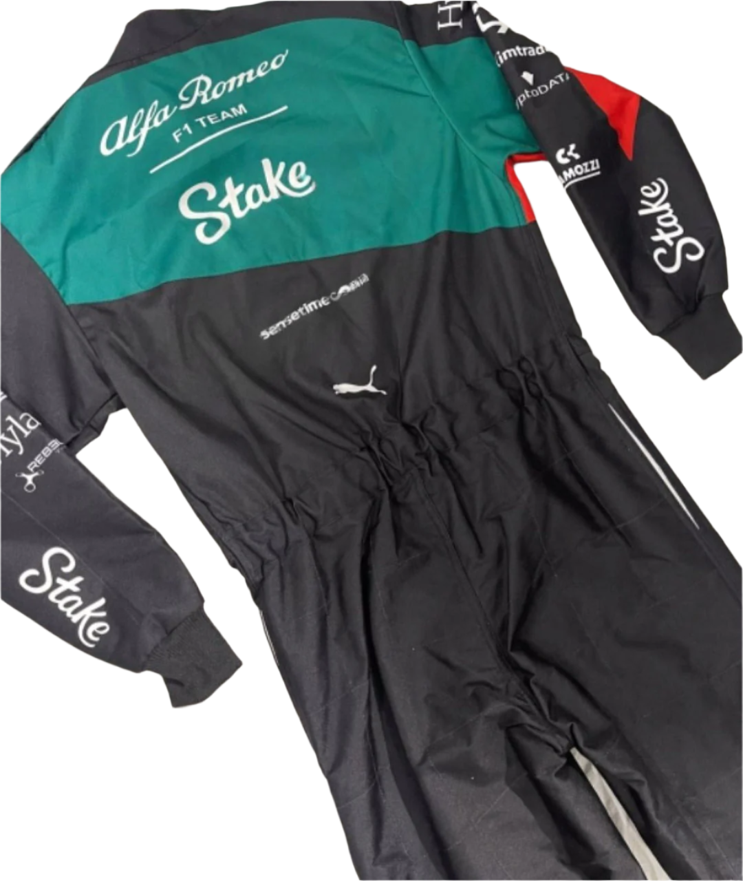 Rear view of Zhou’s 2023 Italian Grand Prix racing suit displaying the continuation of the black, red, and gold color scheme with prominently placed sponsor logos and aerodynamic paneling.