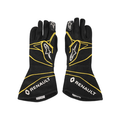 Black Esteban Ocon 2016 F1 racing gloves with yellow accents and Renault branding on a white background