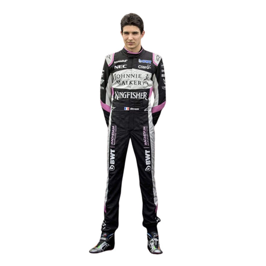 Esteban Ocon's 2017 racing suit, front view with embroidered sponsor logos, sleek black and pink design, and tailored fit