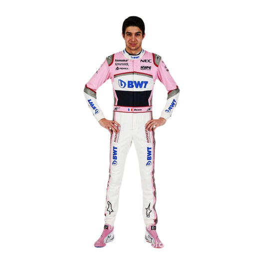 Full-body view of Esteban Ocon’s 2018 F1 racing suit, highlighting embroidered sponsor logos, aerodynamic design, and performance features essential for competitive racing.