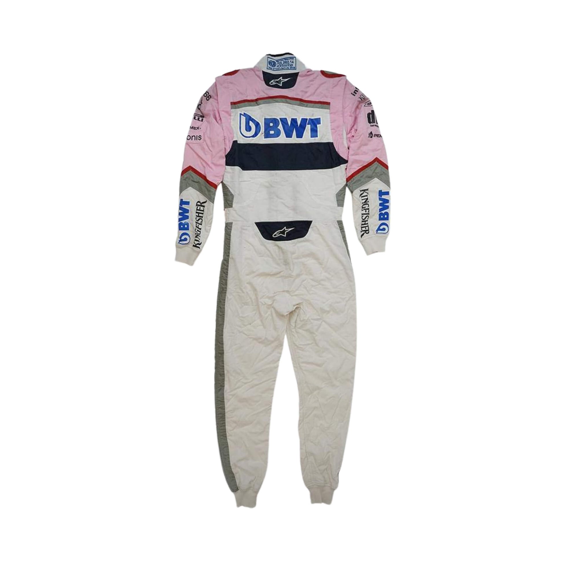 Back view of Esteban Ocon’s 2018 F1 racing suit, emphasizing sponsor embroidery and streamlined aerodynamic features for peak track performance.