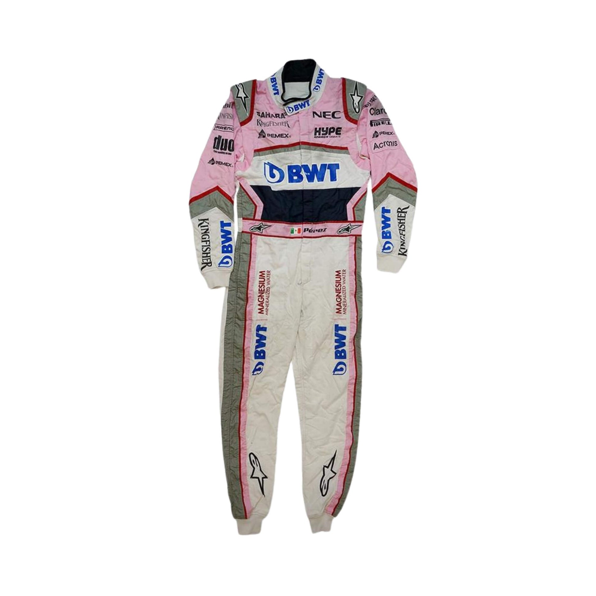 Esteban Ocon’s 2018 F1 racing suit, front view, displaying embroidered sponsor logos and a performance-oriented design tailored for racing agility.