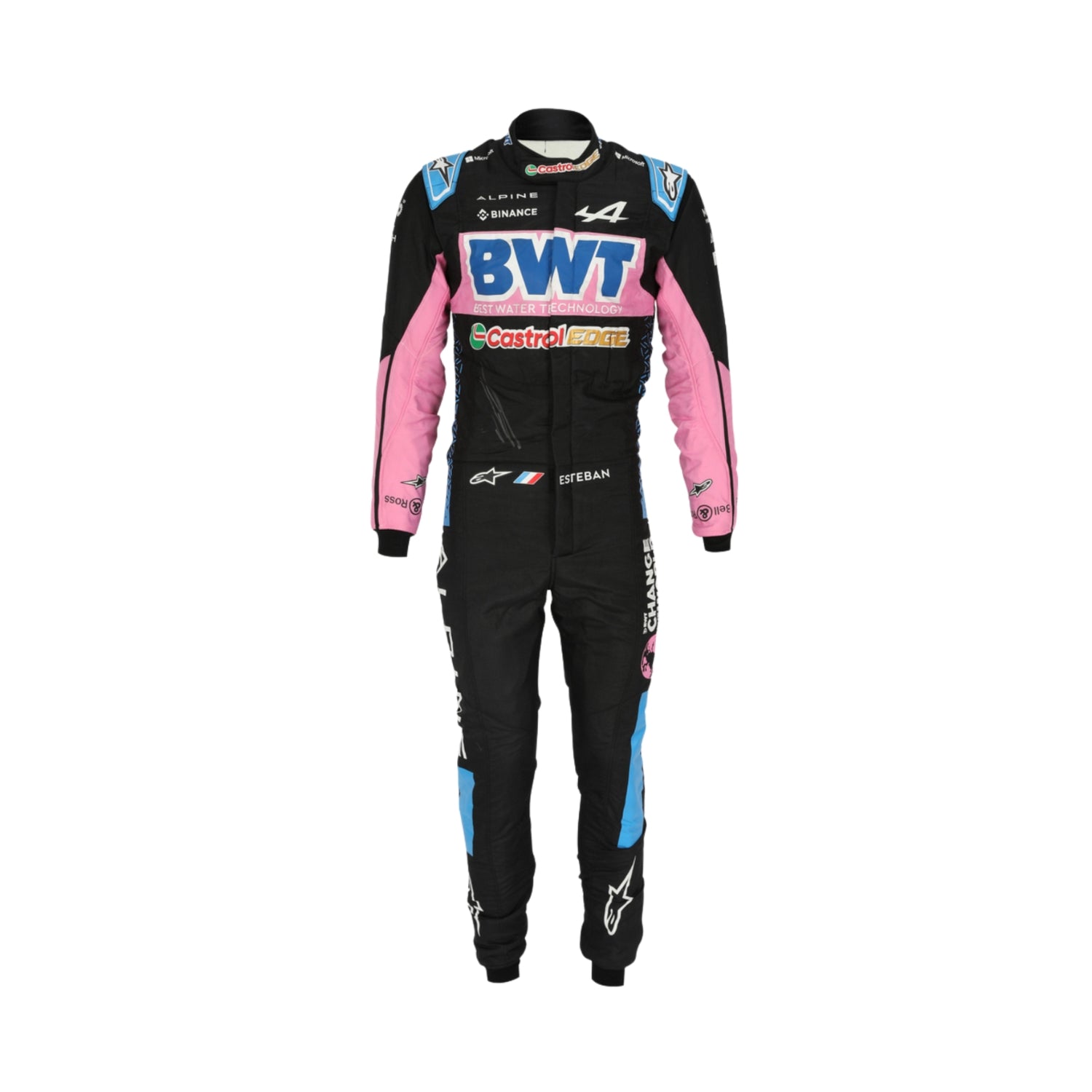 Esteban Ocon's 2023 Las Vegas Grand Prix F1 racing suit front view featuring a black base with pink and blue accents on the shoulders and sides, complemented by sponsor logos, showcasing a sleek and modern design.