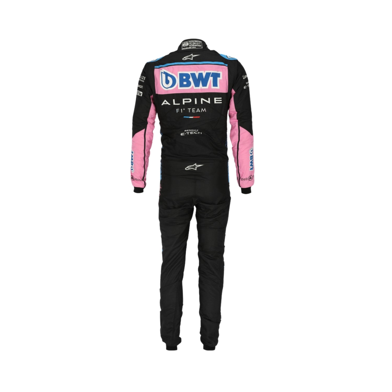 Rear view of Ocon's 2023 Las Vegas Grand Prix racing suit displaying the continuation of the black, pink, and blue color scheme with prominently placed sponsor logos and aerodynamic paneling.
