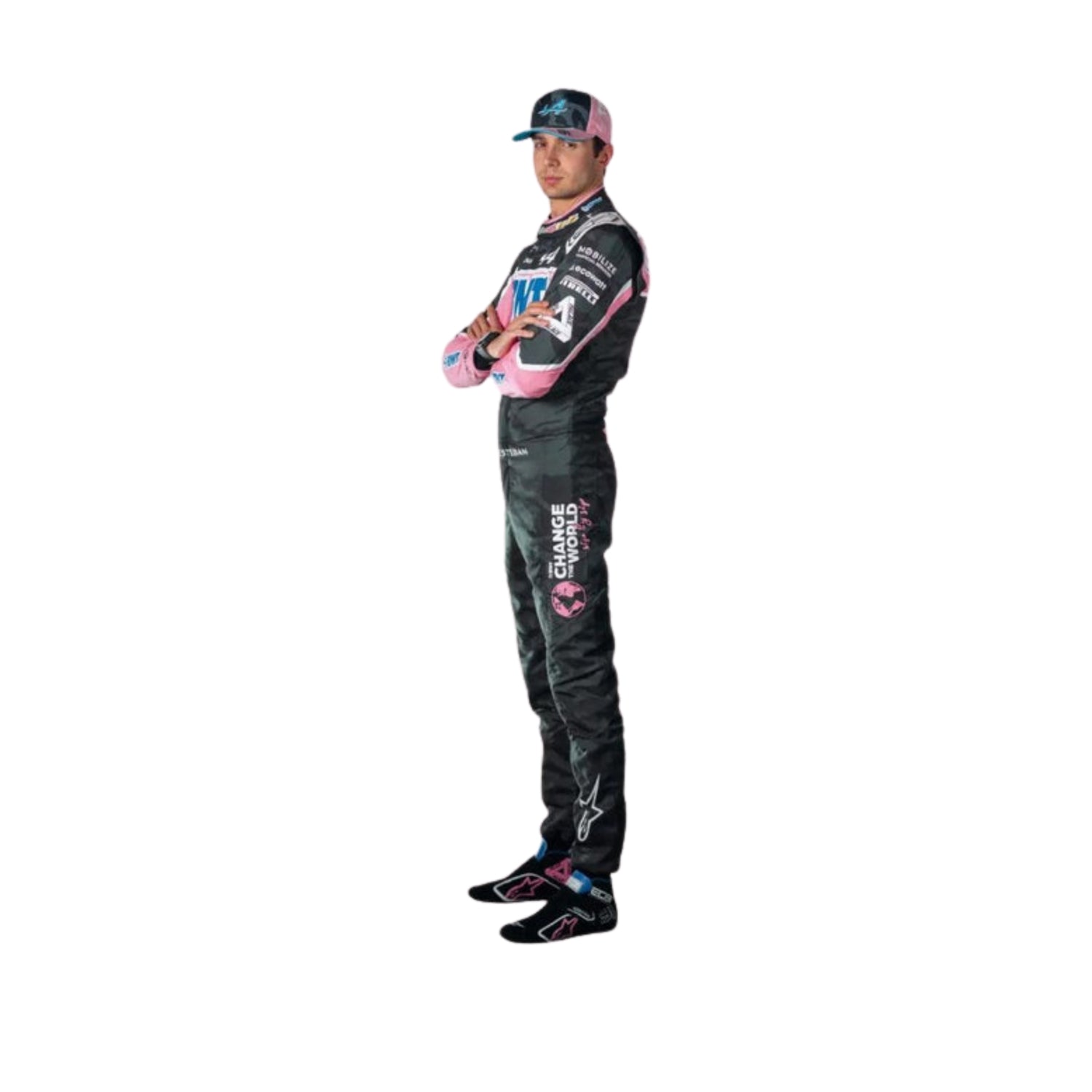 Right Side profile of Esteban Ocon's 2023 Las Vegas Grand Prix racing suit highlighting the pink and blue side panels against the black base, with sponsor details on the arms and legs, emphasizing the suit's tailored fit.