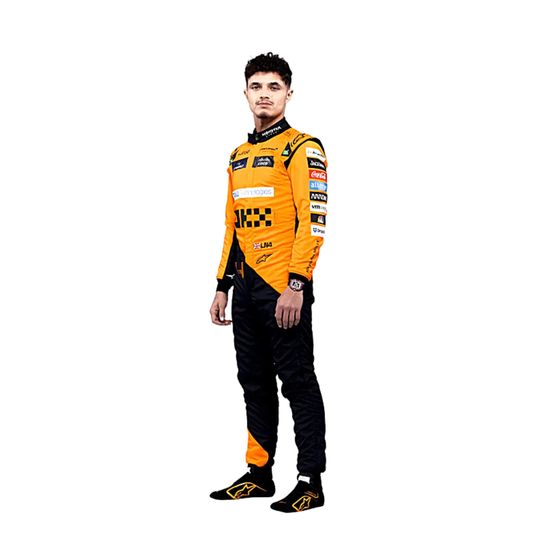 2024 Lando Norris McLaren F1 Race Suit Right Side View, Orange and Black Design with McLaren Logo and Sponsor Embroidery