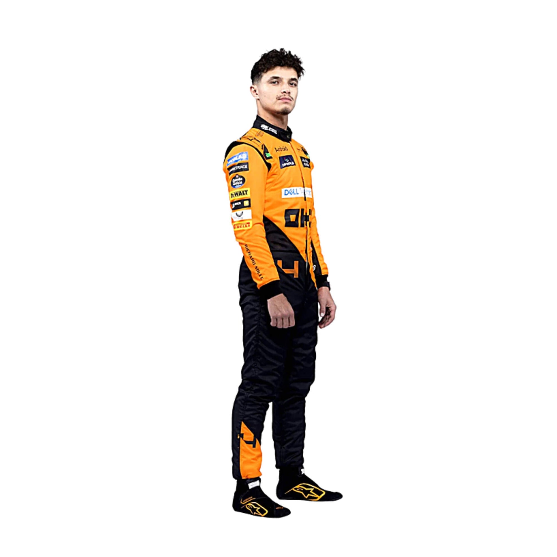 2024 Lando Norris McLaren F1 Race Suit Left Side View, Orange and Black Design with McLaren Logo and Sponsor Embroidery