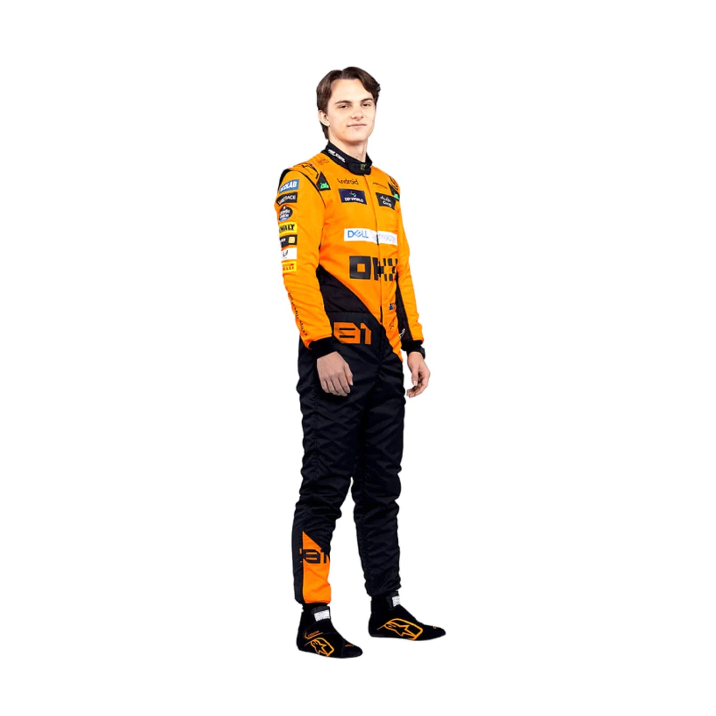 2024 Oscar Piastri McLaren F1 Race Suit Left Side View, Featuring McLaren and Sponsor Logos, Embroidered Branding