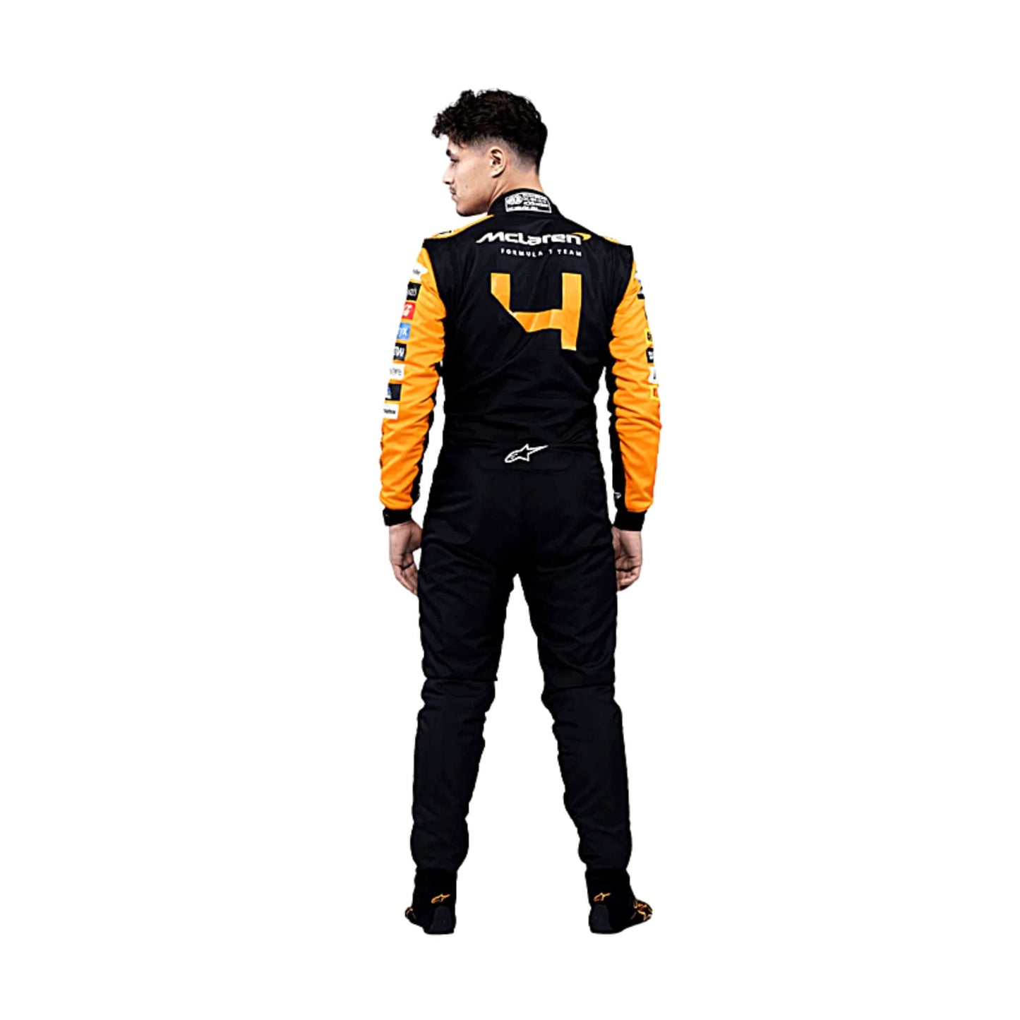 2024 Lando Norris McLaren F1 Race Suit Back View, Orange and Black Design with McLaren, Sponsor Logos, and Embroidered Details