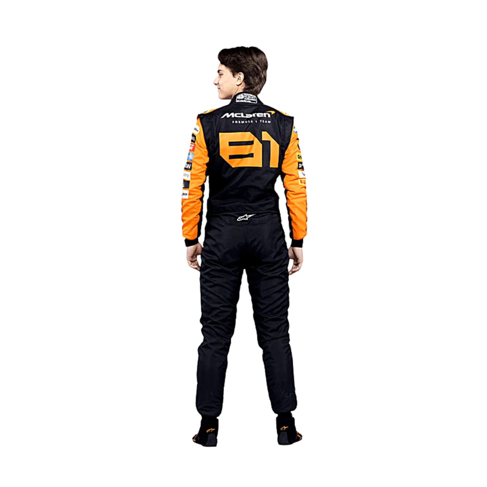 2024 Oscar Piastri McLaren F1 Race Suit Back View, Orange and Black Design with McLaren, Sponsor Logos, and Embroidered Details