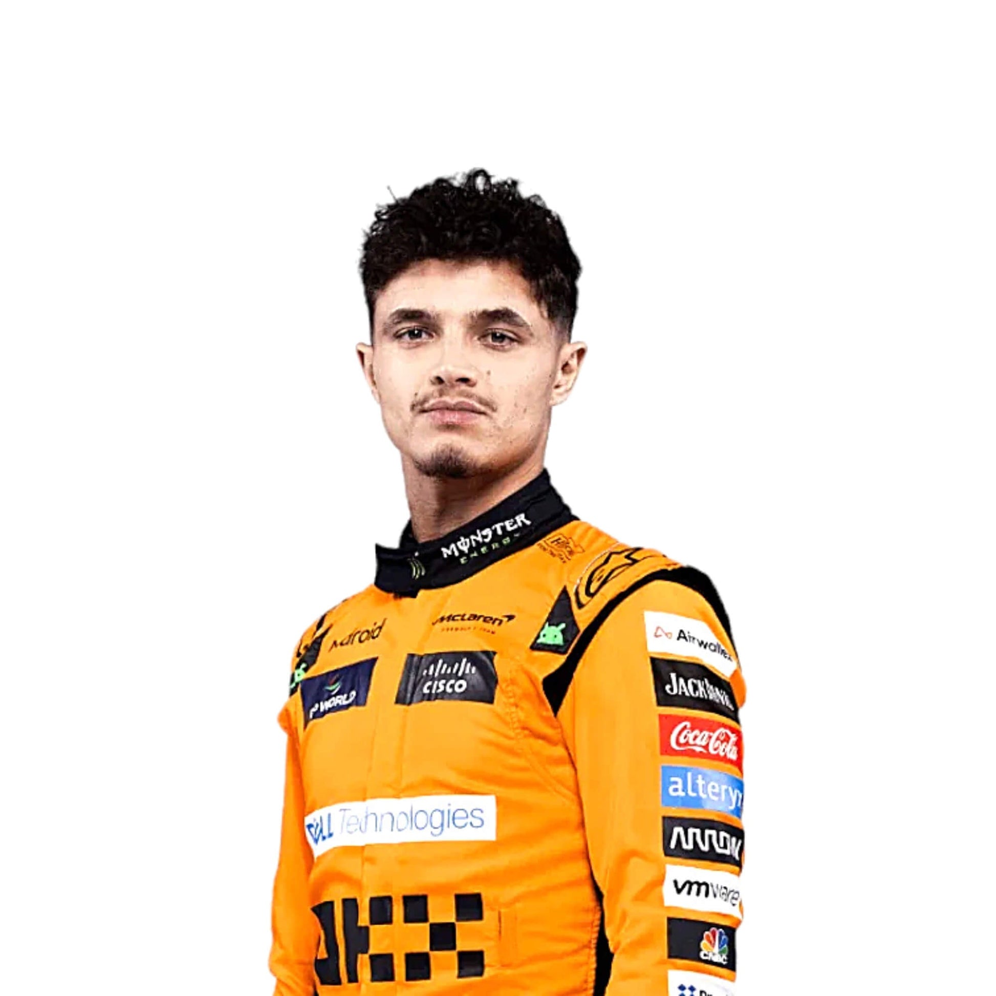 2024 Lando Norris McLaren F1 Race Suit Half Front View, Featuring McLaren Branding, Sponsor Logos, and Embroidered Patches