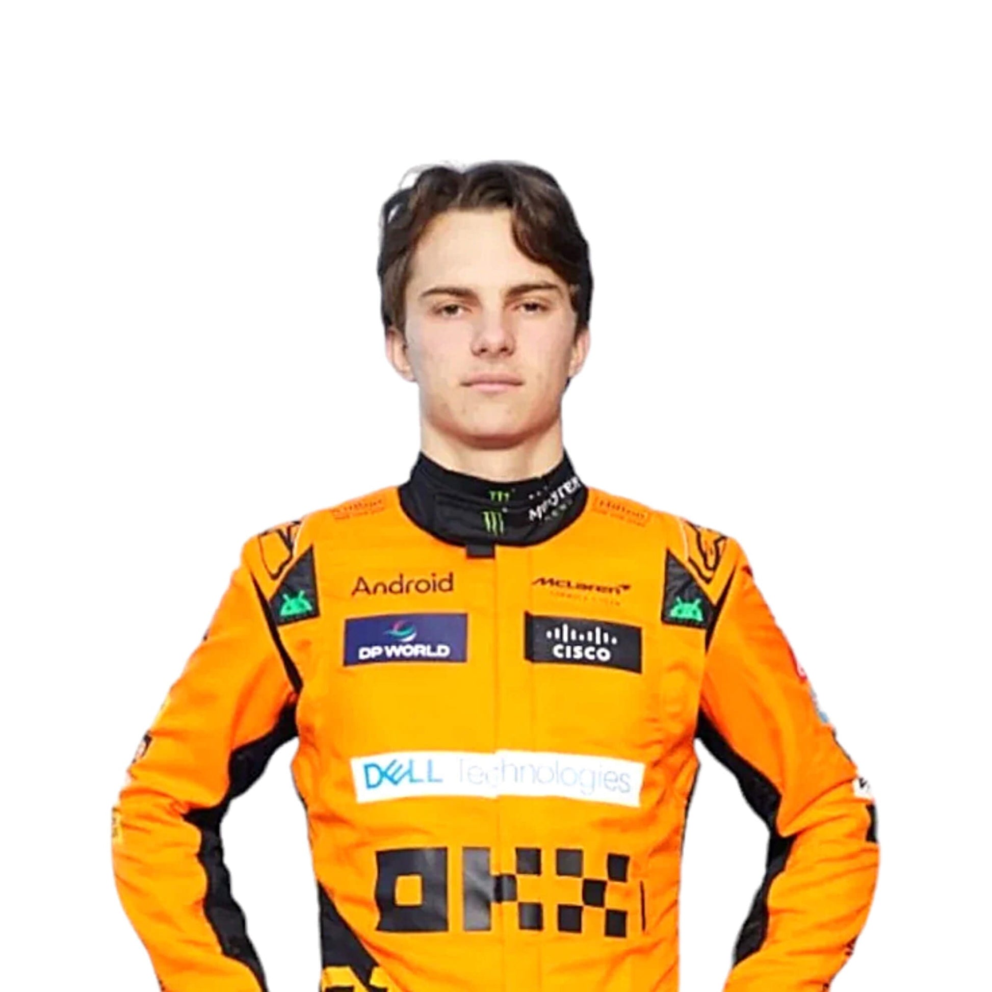 2024 Oscar Piastri McLaren F1 Race Suit Half Front View, Featuring McLaren Branding, Sponsor Logos, and Embroidered Patches