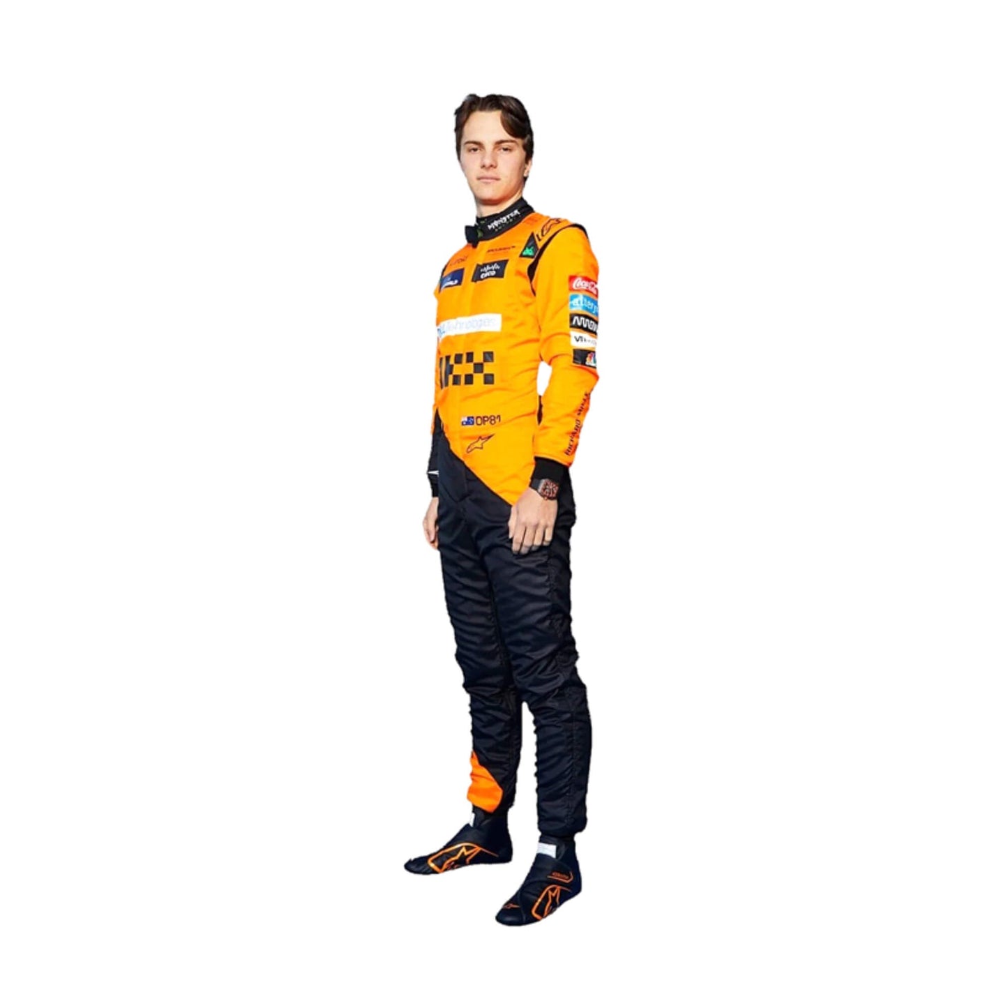 2024 Oscar Piastri McLaren F1 Race Suit Right Side View, Featuring McLaren and Sponsor Logos, Embroidered Branding