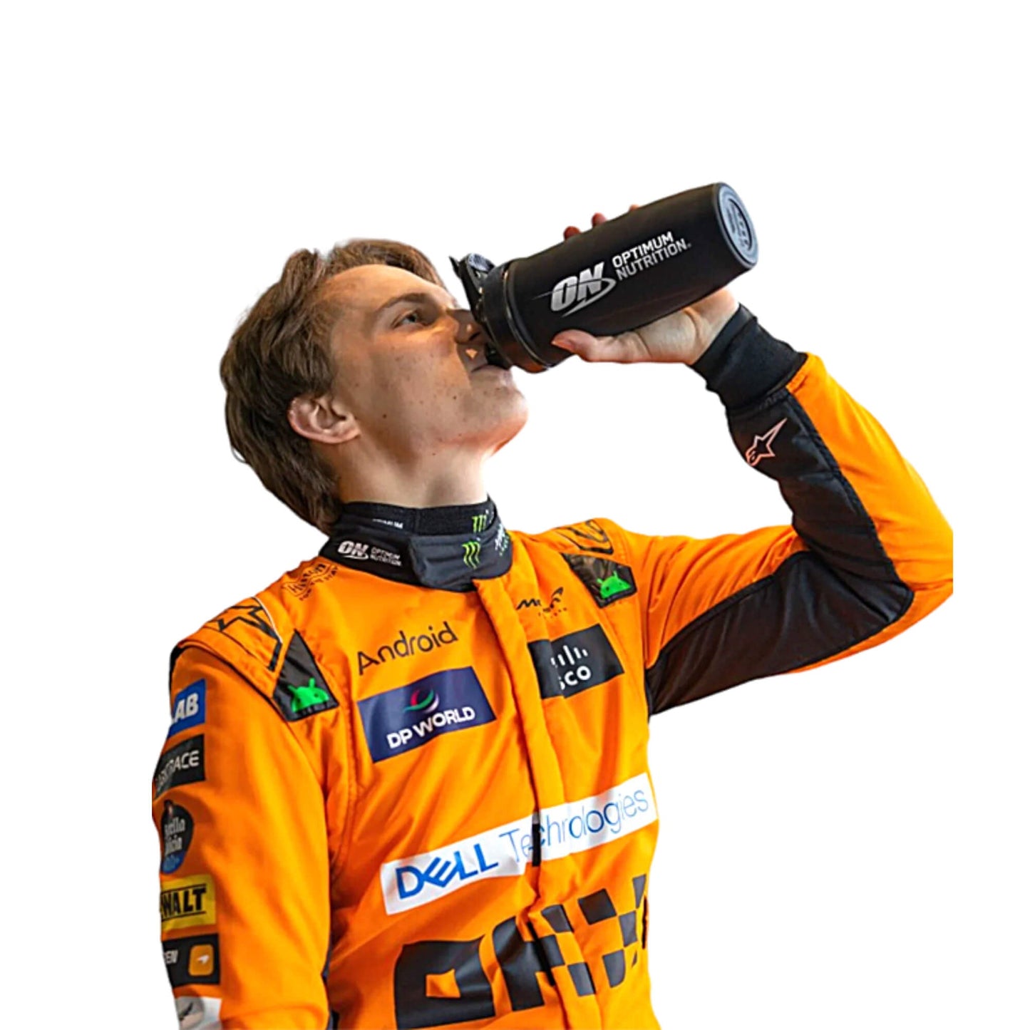 2024 Oscar Piastri McLaren F1 Race Suit Half Front View, Featuring McLaren Branding, Sponsor Logos, and Embroidered Patches