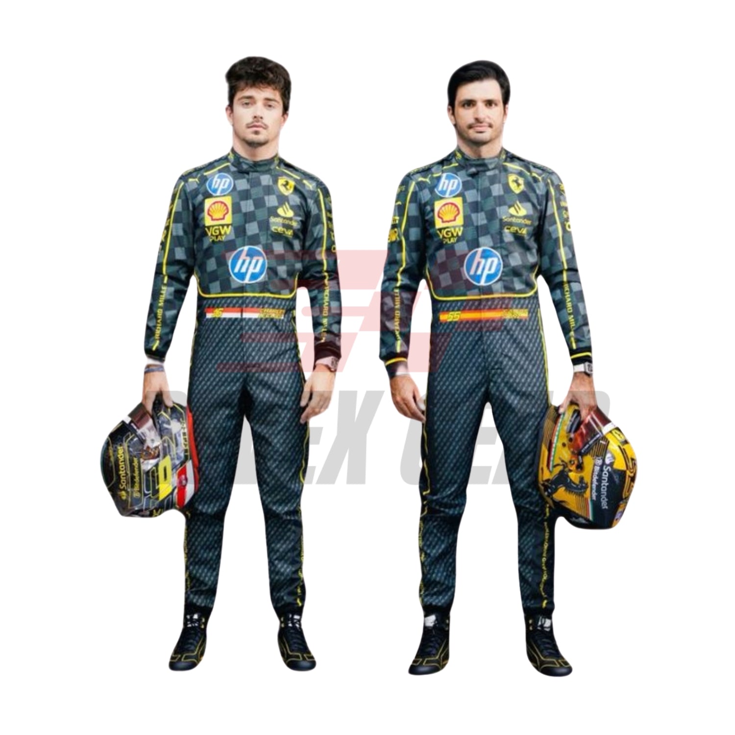 Front view of the 2024 HP Italy GP F1 racing costume charcol black worn by Charles Leclerc and Carlos Sainz Jr., showcasing race numbers.