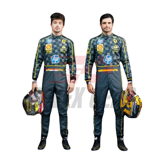 Front view of the 2024 HP Italy GP F1 racing costume charcol black worn by Charles Leclerc and Carlos Sainz Jr., showcasing race numbers.