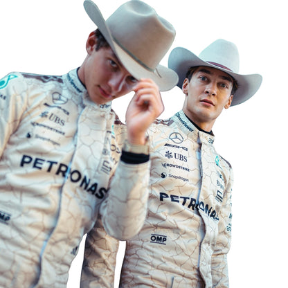 Close-up detailing of inspired by the Mojave Desert trims and stitching on Russell & Antonelli 2025 Austin GP racing costumes