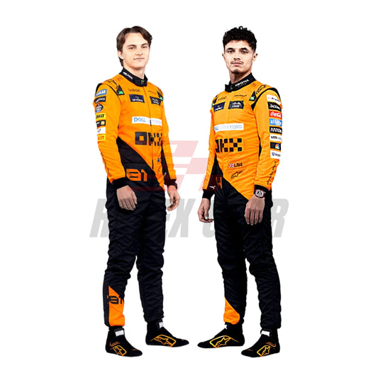 Front view of 2024 F1 racing costume in papaya orange with blue detailing, worn by Lando Norris and Oscar Piastri – featuring their race numbers.

