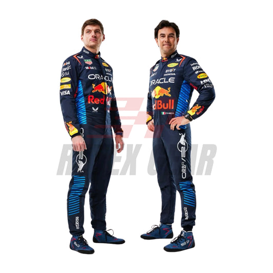 Front view of 2024 F1 racing costume in dark blue, red, and yellow tones worn by Max Verstappen and Sergio Pérez – featuring race number details