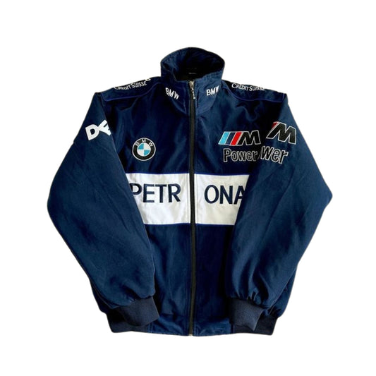 Front view of a vintage F1 BMW Williams racing jacket featuring bold BMW and Williams Racing branding with various sponsor logos. Made from high-quality, durable fabric, this jacket combines comfort with a classic Formula 1 style, perfect for racing enthusiasts.