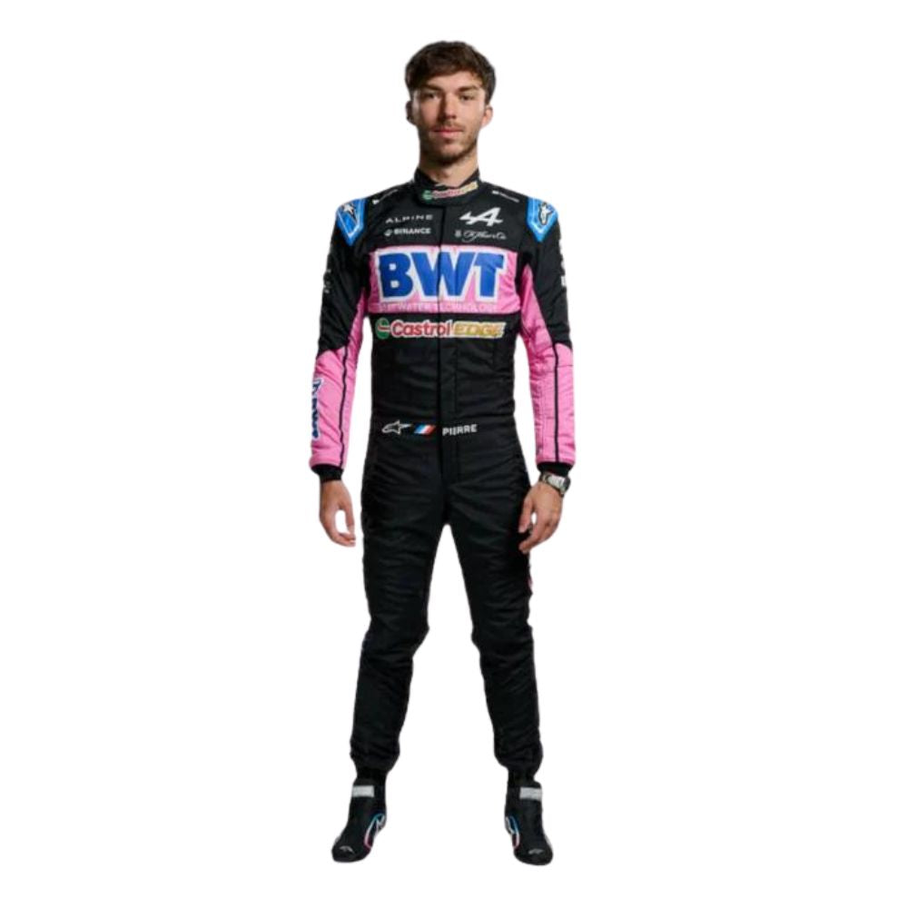 Pierre Gasly wearing the Alpine F1 Racing Suit, striking a confident pose.