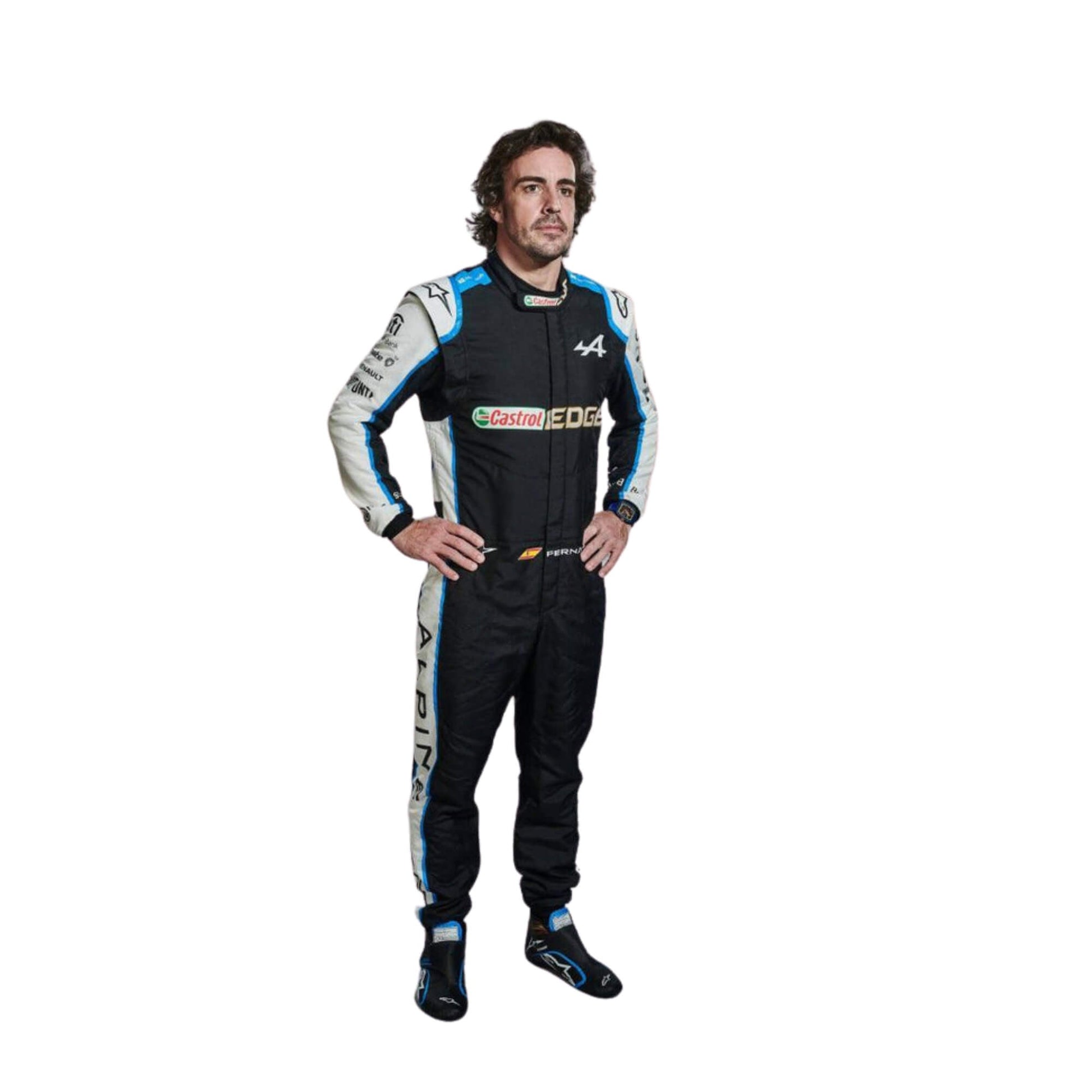 Fernando Alonso 2021 Formula 1 racing suit – sharp front view showcasing the iconic blue design