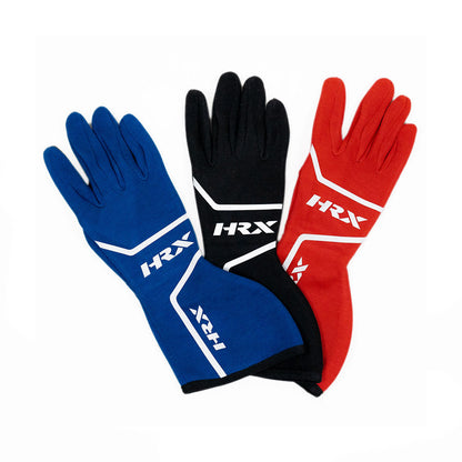 Three gloves in blue, black, and red with 'HRX' branding on a white background