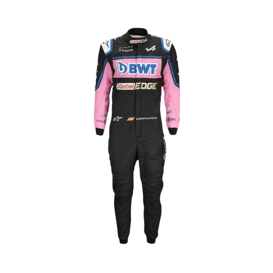 Front view of Fernando Alonso's 2022 Italian GP F1 racing suit, showcasing sleek design and sponsor logos.
