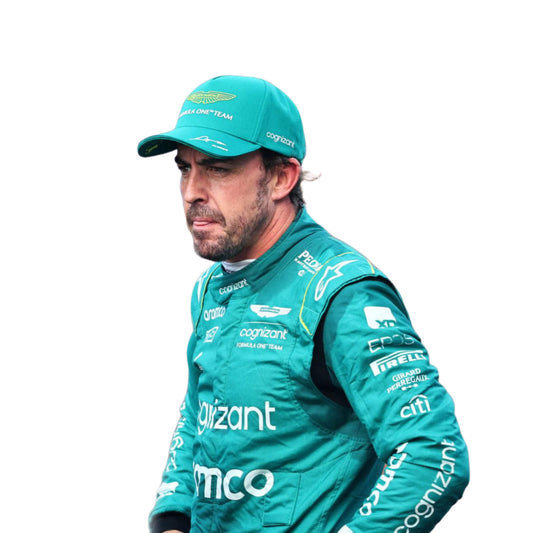 Close-up of the fabric and stitching on Fernando Alonso’s 2023 F1 racing suit, capturing the high-quality material and detailed sponsor branding, designed for durability and race-ready functionality.