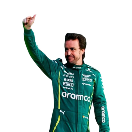 close up profile of Fernando Alonso in his 2025 Formula 1 racing suit, displaying the ergonomic fit and the interplay of dark green and black fabrics