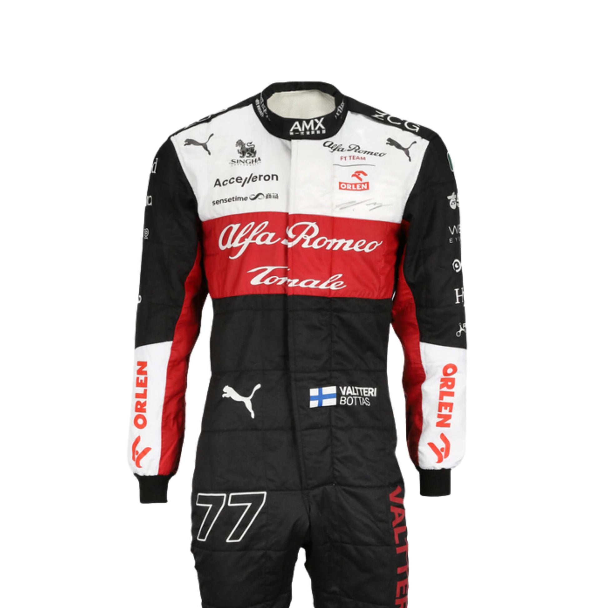 Front close up view of Valtteri Bottas 2020 F1 racing suit – clean and modern design with bold race-day styling