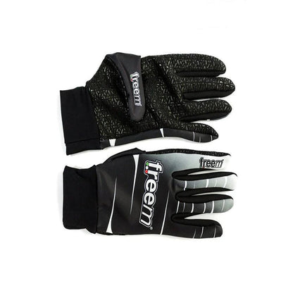 Pair of black Freem Jecko Racing gloves with 'freem' branding on a white background