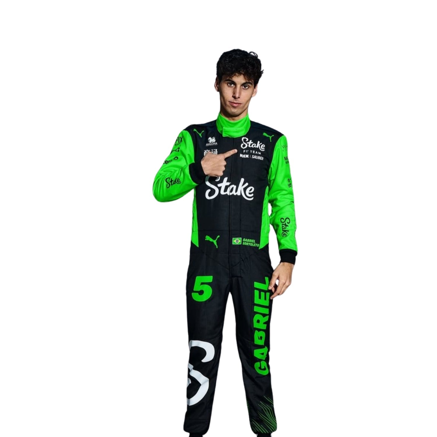 Gabriel Bortoleto standing in his 2025 racing suit, showing off the professional fit and bold design.


