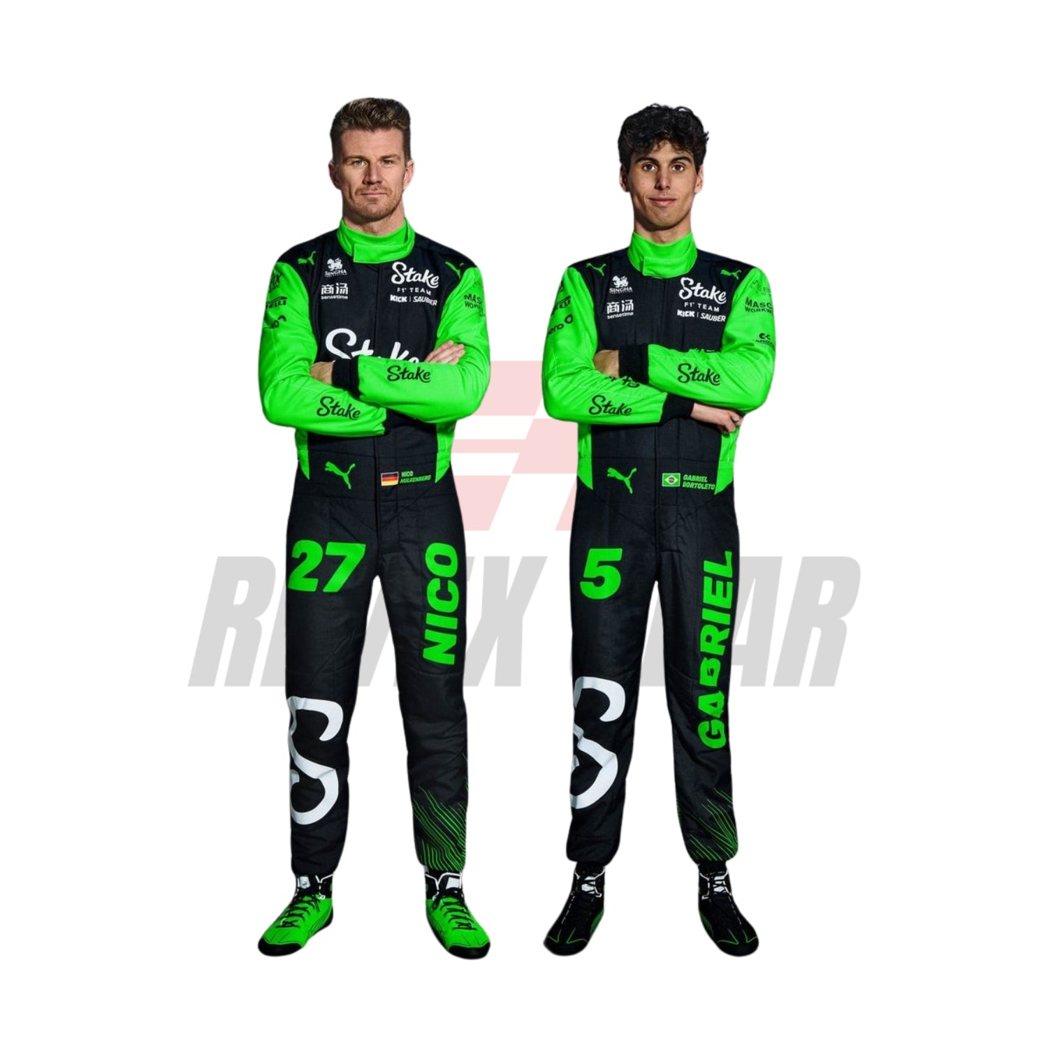 Gabriel Bortoleto and Nico Hülkenberg standing side by side in their 2025 Monaco GP racing suits, showcasing the team's coordinated design.

