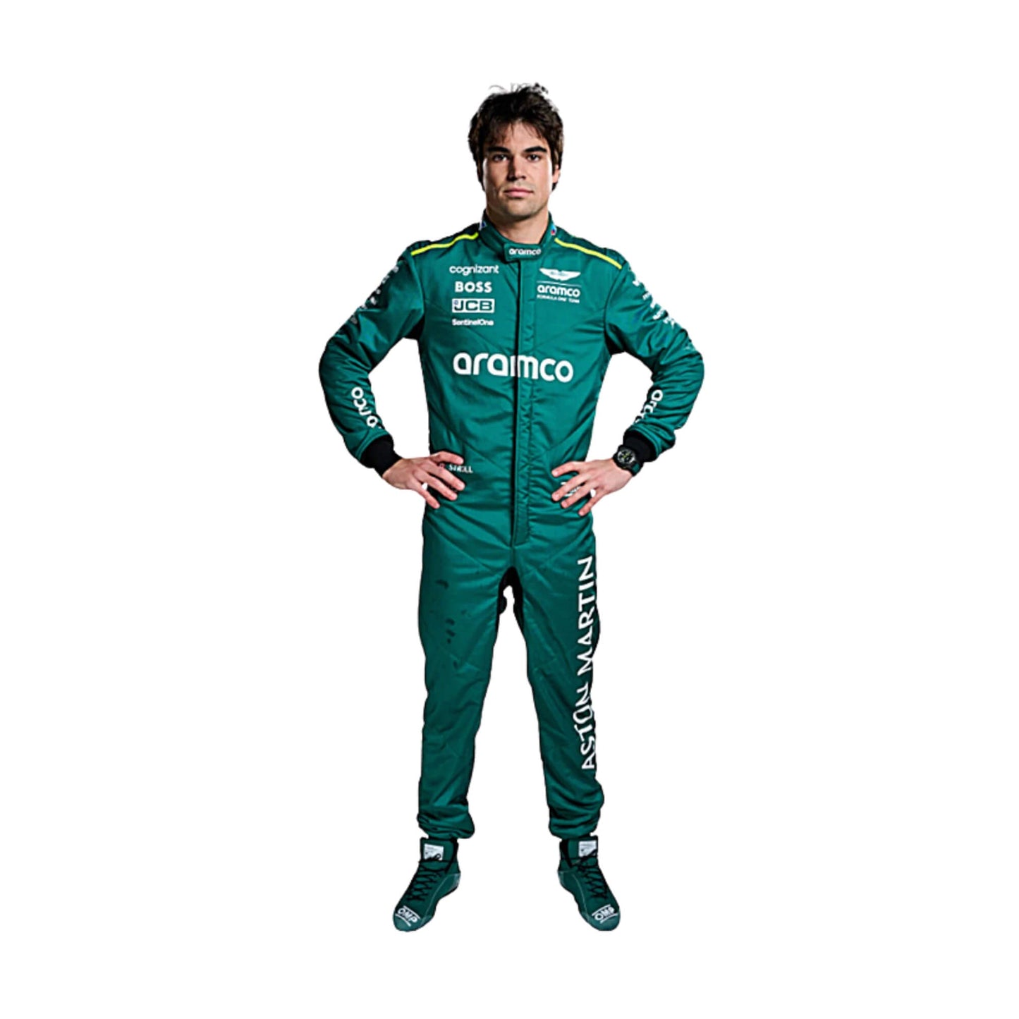 2024 Lance Stroll Aston Martin F1 Race Suit Replica Front View, Green and Black Design with Aston Martin and Sponsor Logos, Embroidered Details