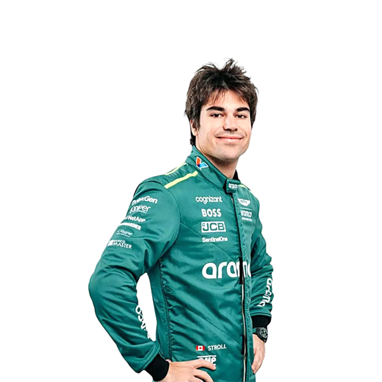 2024 Lance Stroll Aston Martin F1 Race Suit Replica Left Side View, Green Suit with Embroidered Sponsor Logos and Aston Martin Branding