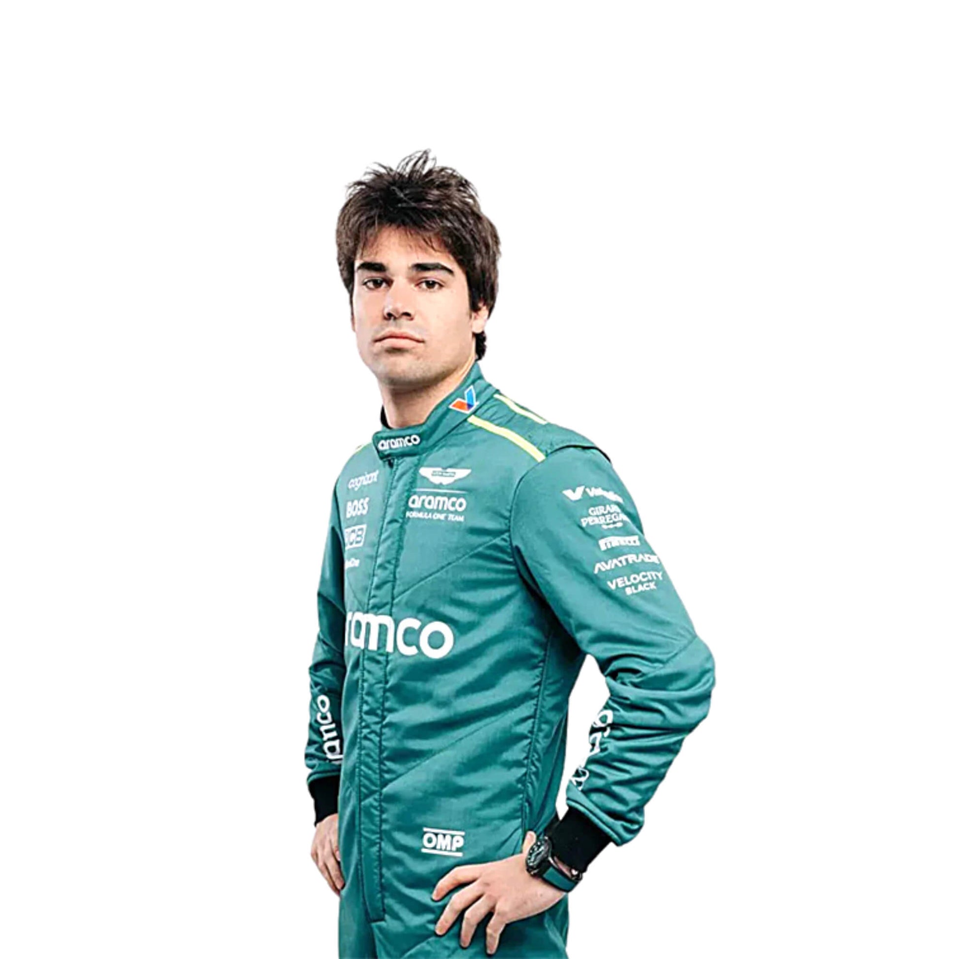 2024 Lance Stroll Aston Martin F1 Race Suit Replica Right Side View, Featuring Embroidered Sponsor Logos and Aston Martin Branding