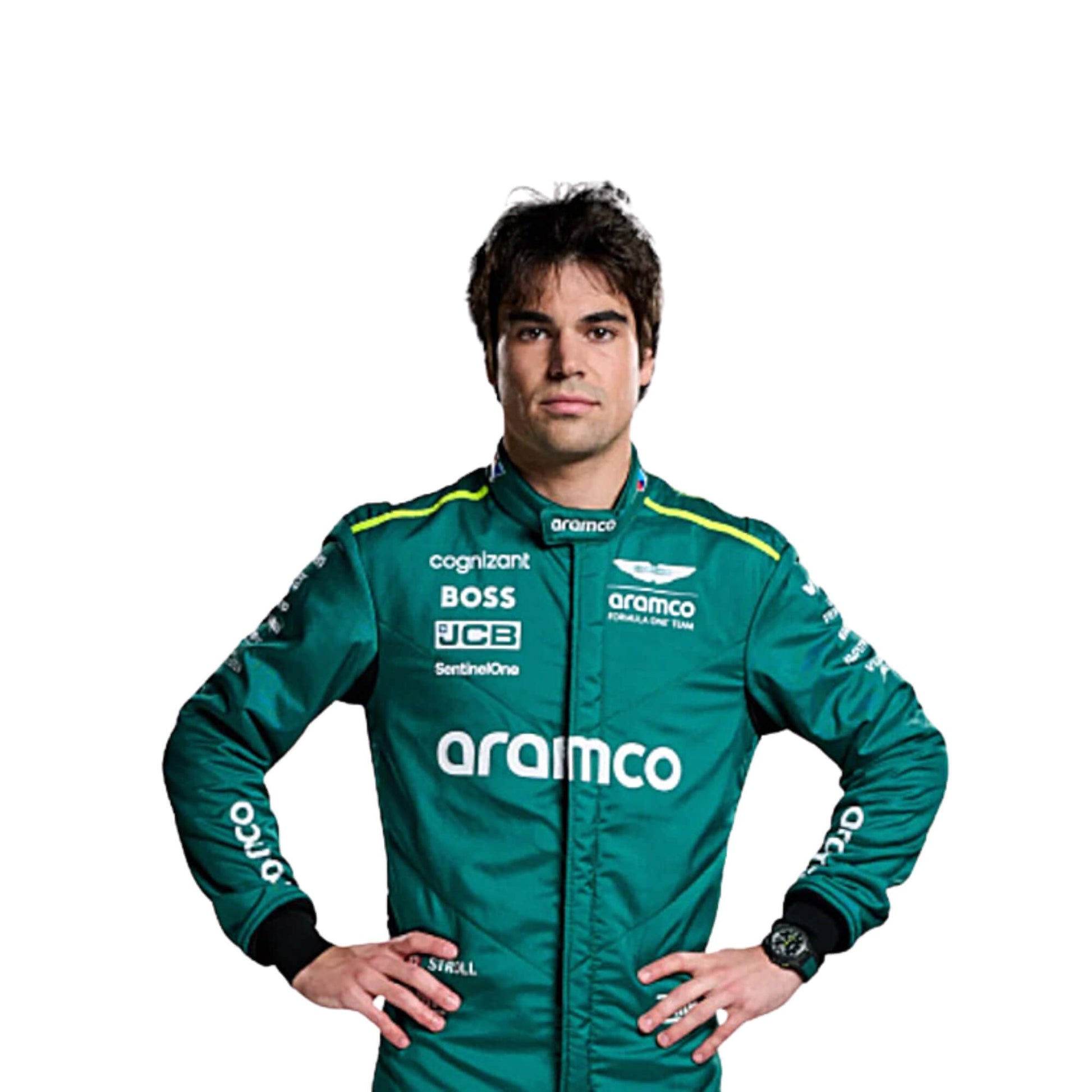 2024 Lance Stroll Aston Martin F1 Race Suit Replica Half Front, Featuring Sponsor Logos, Aston Martin Branding, and Embroidered Patch Details