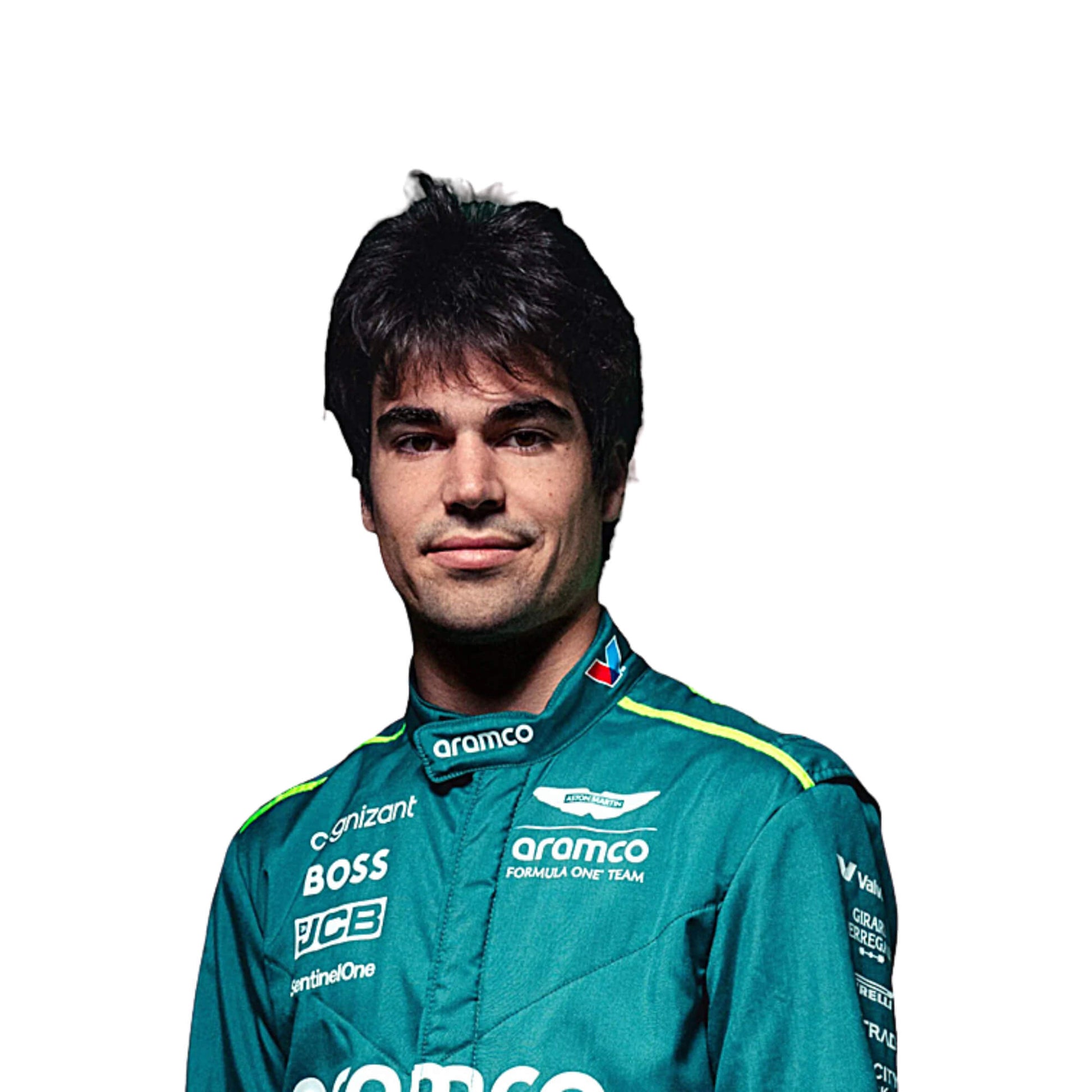 2024 Lance Stroll Aston Martin F1 Race Suit Replica Half Front, Featuring Sponsor Logos, Aston Martin Branding, and Embroidered Patch Details