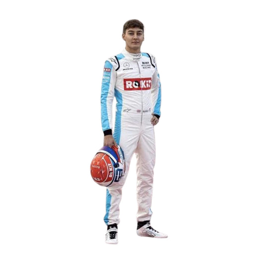 Front view of George Russell 2020 F1 suit – striking blue and white design