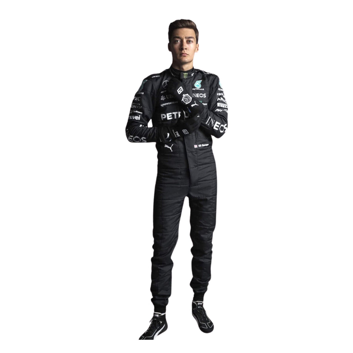 George Russell’s 2023 F1 racing suit in a sleek black and silver design, featuring prominent sponsor logos on the chest and legs. The suit is tailored for aerodynamics and performance, showcasing Russell’s commitment to excellence.