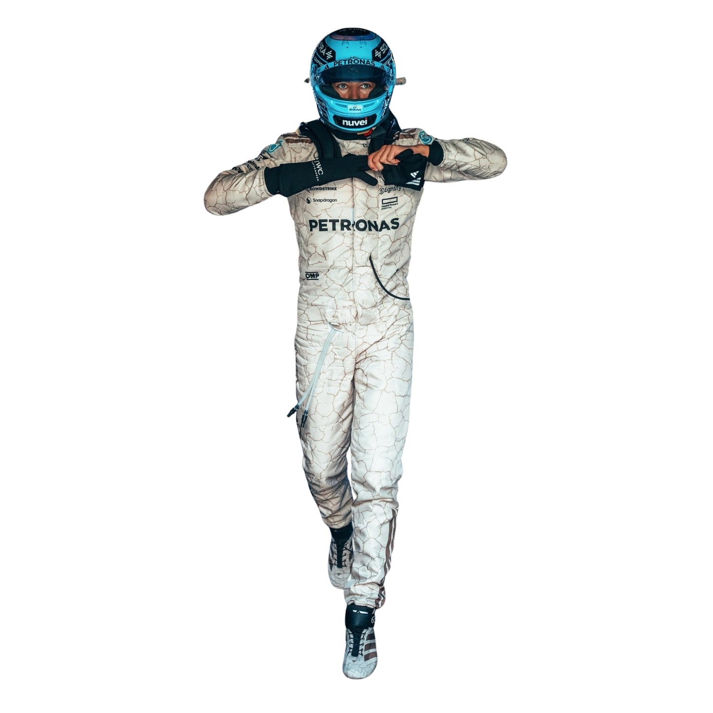 Russell 2025 USA Austin GP inspired by the Mojave Desert F1 racing suit front view with light blue details