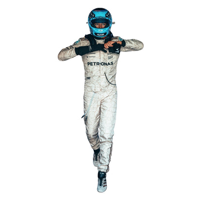 Russell 2025 USA Austin GP inspired by the Mojave Desert F1 racing suit front view with light blue details