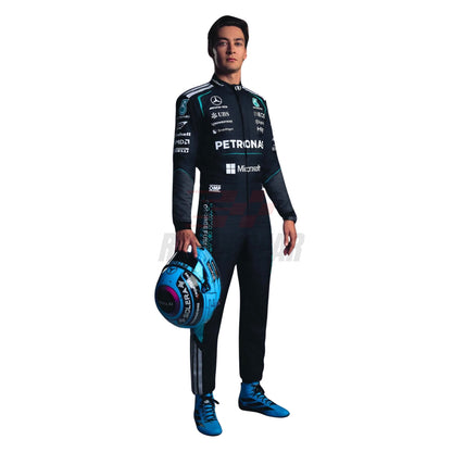 George Russell 2026 F1 racing suit front view with number 63 and sponsor logos - Revex Gear