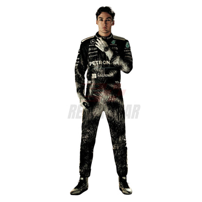 Full body view of George Russell 2026 F1 suit in black and silver Japanese GP colorway - Revex Gear