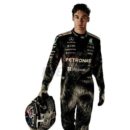 Close up of 2026 George Russell Japanese GP racing costume showing detailed stitching and Suzuka event patches - Revex Gear