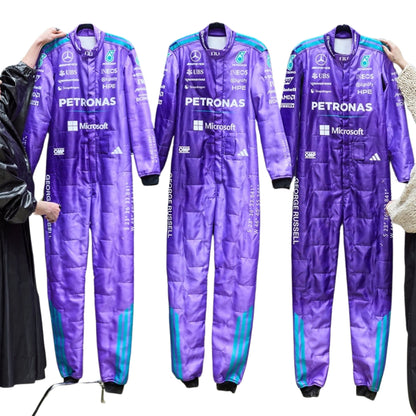 Front View of Miami F1 purple racing suits with various logos on a plain background