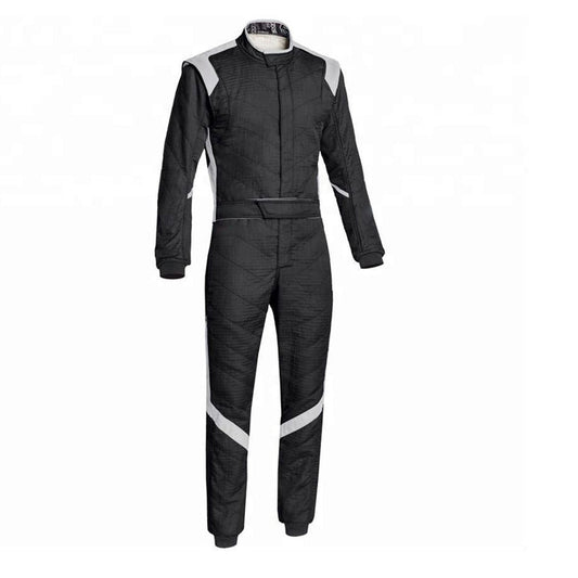 A black go-kart car driver race costume with white accents and a full zip design.